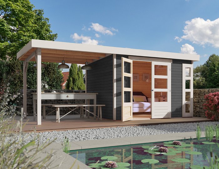 Abri de jardin toit plat avec terrasse couverte - Gadero